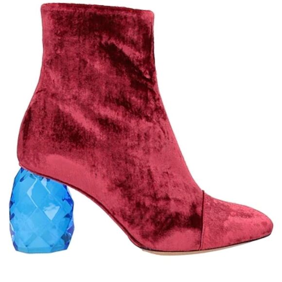 Dries Van Noten Red Velvet Boots with Lucite Heel - Picture 2 of 5